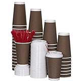 Disposable Coffee Cups with Lids and Stirrers 16 oz (50 Set), Insulated Double Wall, No Drip Roll Up Rims, Easy to Grip Ripple Design. Perfect To-Go Hot Cups for Travel, Driving, Home.