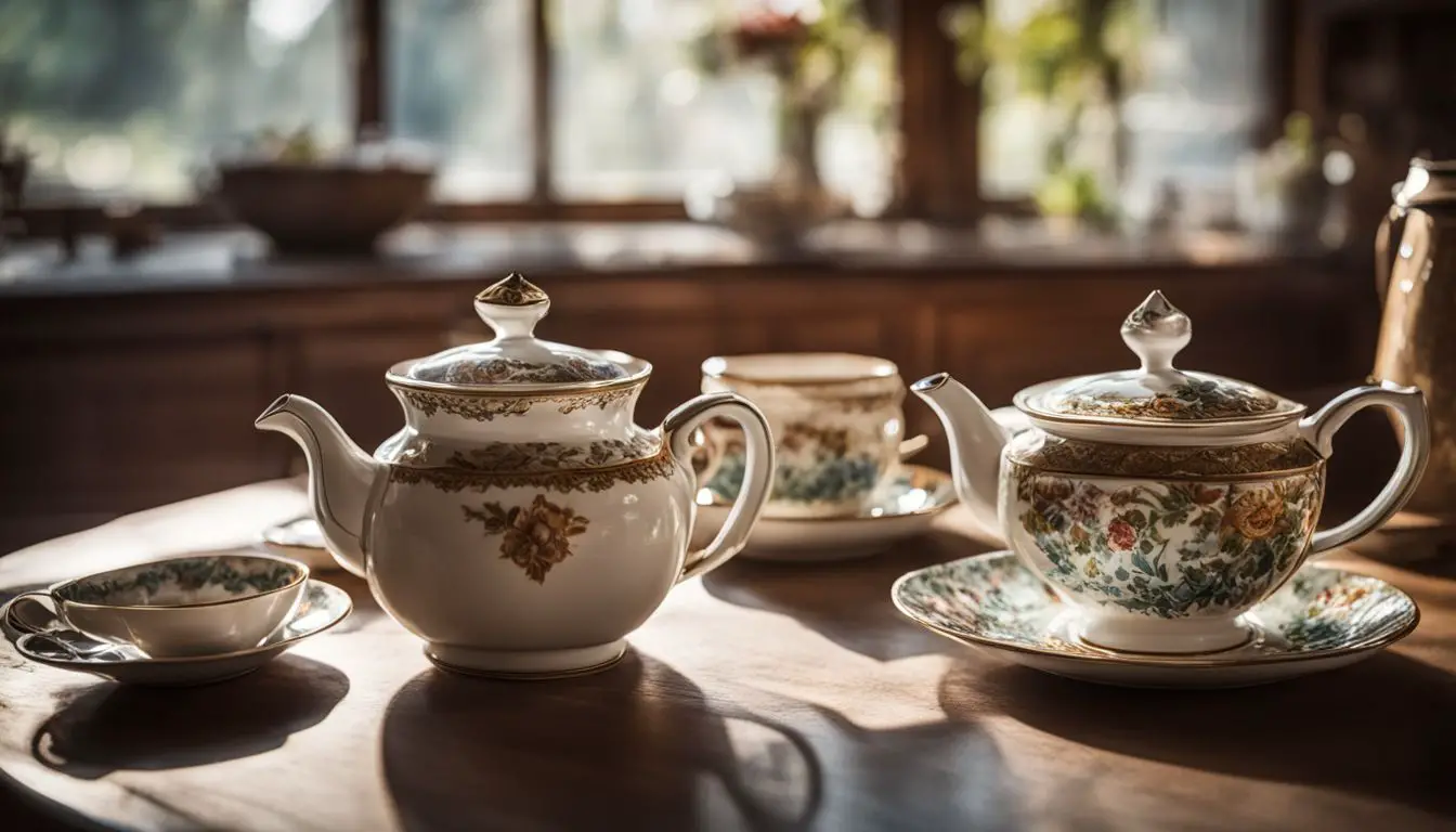A photo of a vintage-style teapot and artisan tea cups in a cozy kitchen.