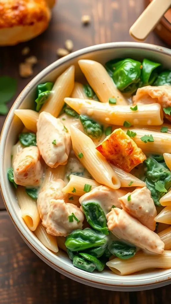 Creamy chicken and spinach penne pasta with golden chicken, wilted spinach, and parsley on a rustic wooden table.